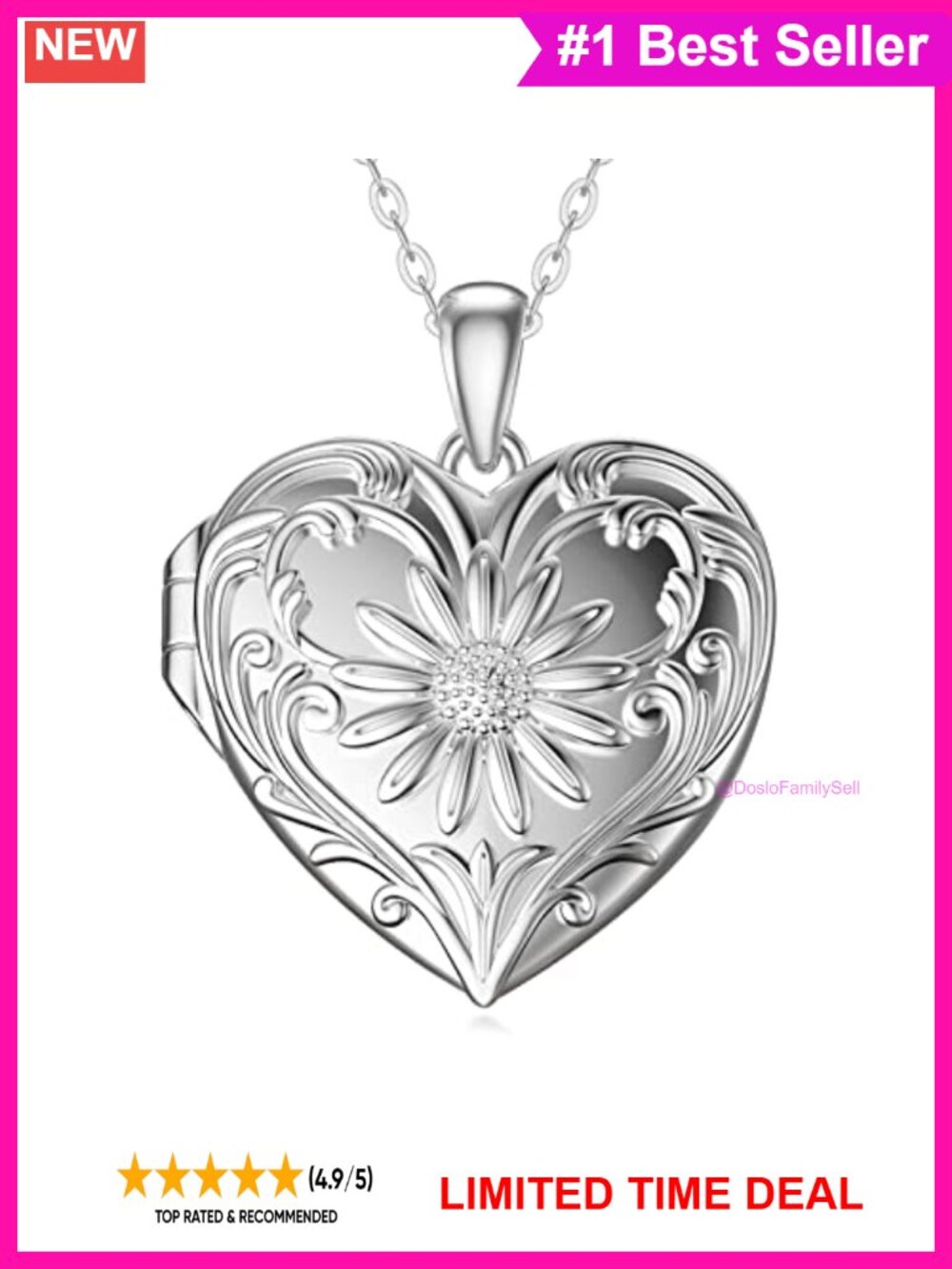 Sunflower Photo Locket Necklace 18k White Gold Plated Silver 10K Chain